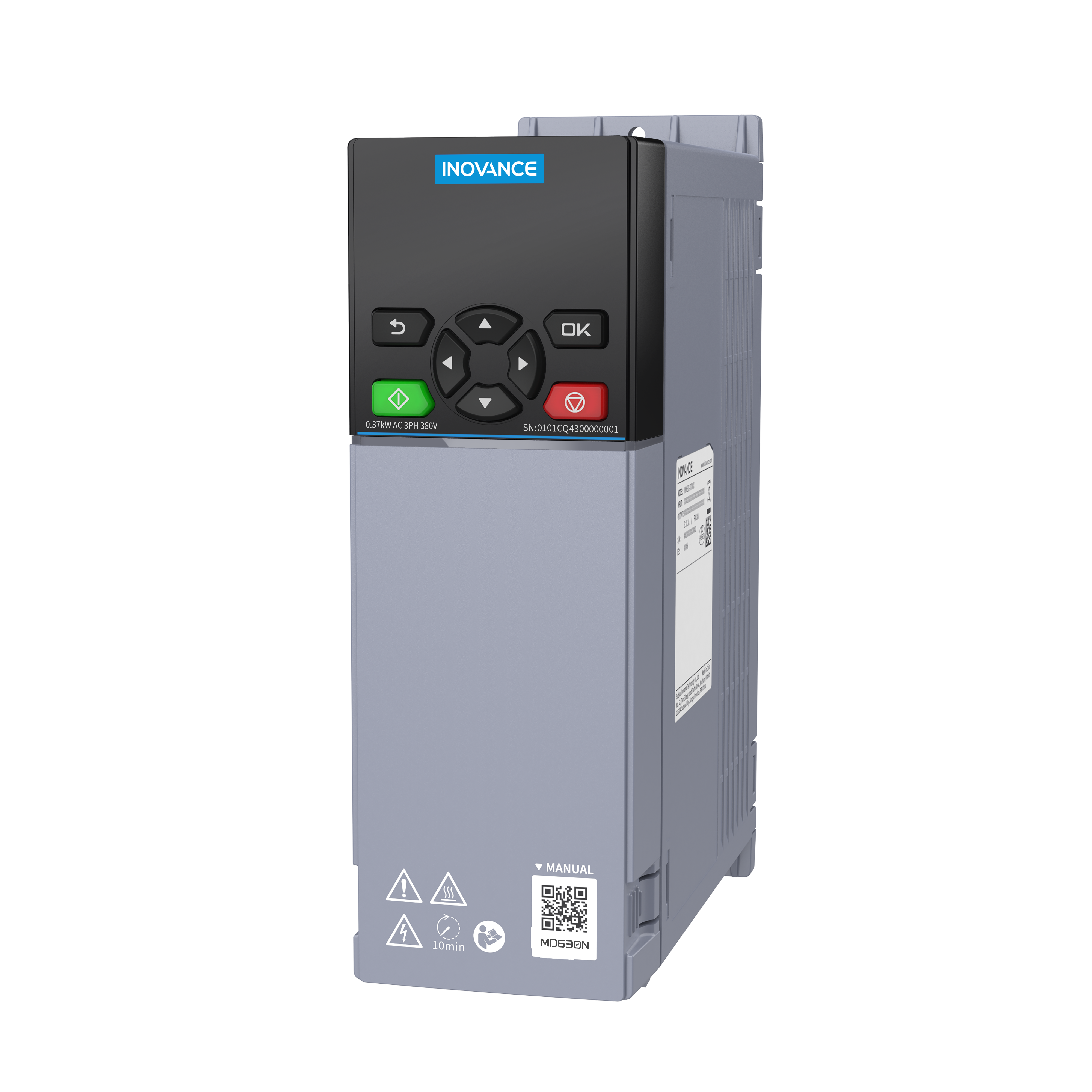 MD630 AC inverter. 3Ph 400V, Network type. HD: 2.1A/0.75Kw, ND 3.8A/1.5Kw.IP20. C3 Filter built-in. STO. Dims: W70 x H217 x D169.6