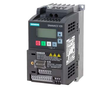SINAMICS V20 200-240V 1AC -10/+10% 47-63Hz rated power 0.75 kW with 150% overload for 60 sec. integrated filter C1 I/O: 4 DI. 2 DO.2 AI. 1 AQ fieldbus: USS/MODBUS RTU with built-in BOP protection: IP20/ UL open size: QB 68x142x128 (WxHxD)