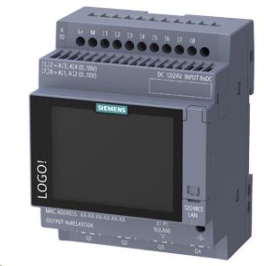 LOGO! 12/24RCE, logic module, display power supply / I/O: 12/ 24 V DC/relay, 8 DI (4 AI)/4 DO, memory 800 blocks, modularly expandable, Ethernet, integrated web server, data log, user-defined web pages, standard microSD card, for LOGO! Soft Comfort V9.0 