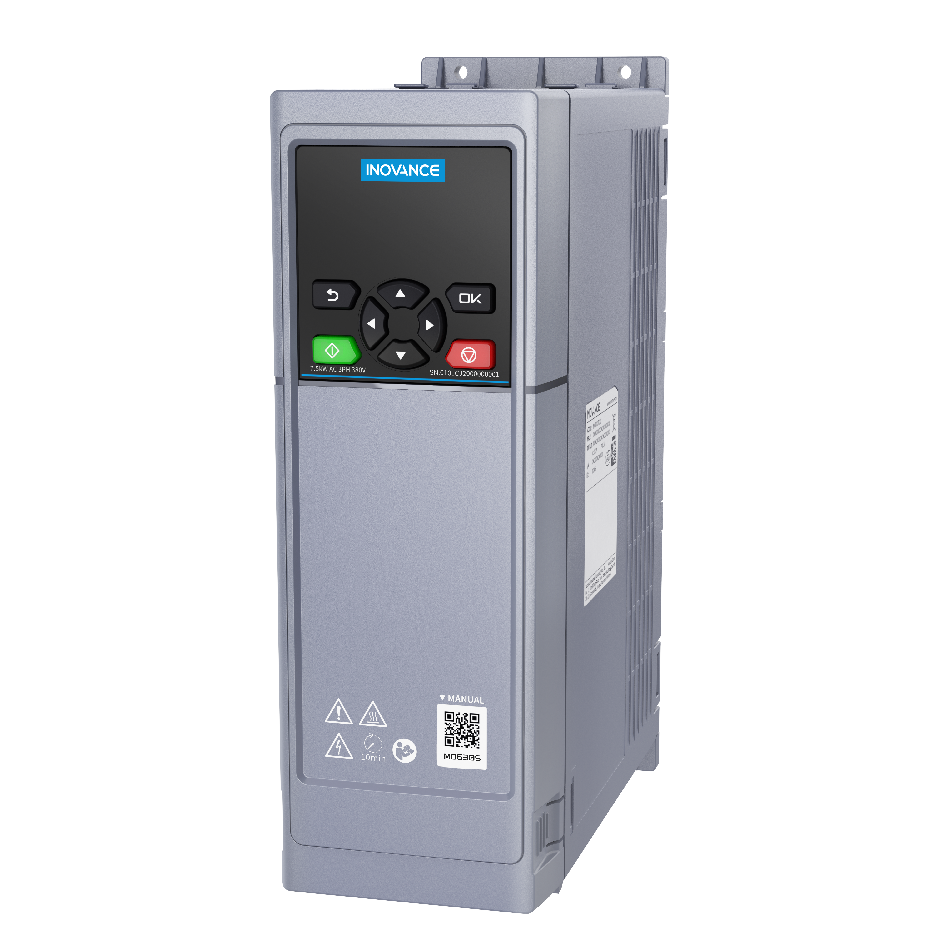 MD630 AC inverter. 400V. HD:17.0A/7.5Kw.  ND 25.0A/11.0Kw. IP20. C3 Filter built-in. STO. Dims: W90 x H262 x D190