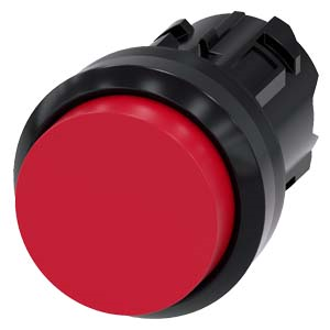 Pushbutton. 22 mm. round. plastic. red. pushbutton. raised. momentary contact type