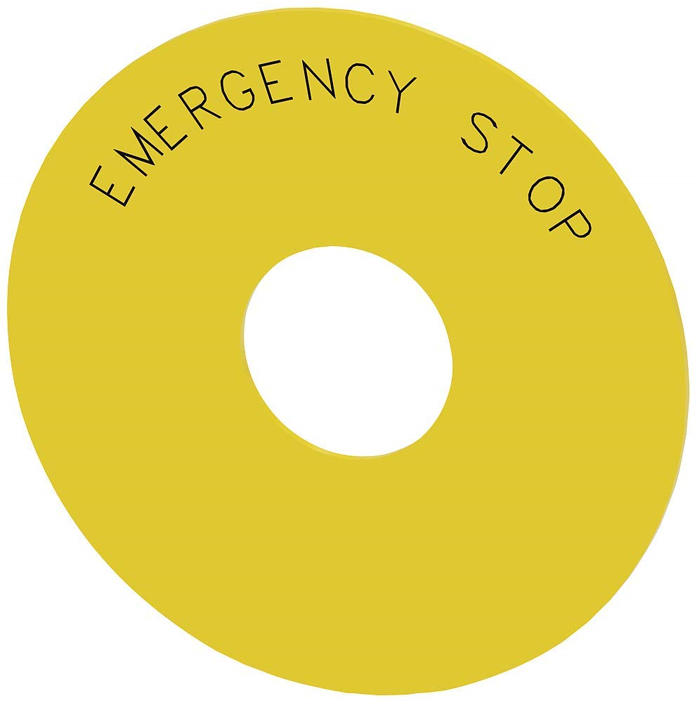 Backing plate round, for EMERGENCY STOP mushroom pushbutton, yellow, self-adhesive, Outer diameter 75 mm, inside diameter 23 mm, with inscription: EMERGENCY STOP