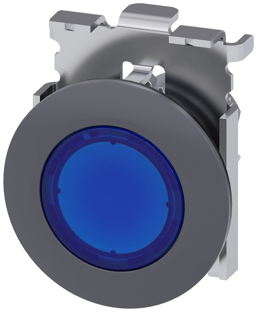 Illuminated pushbutton. 30 mm. round. metal. matte. blue. front ring for flush installation. momentary contact type