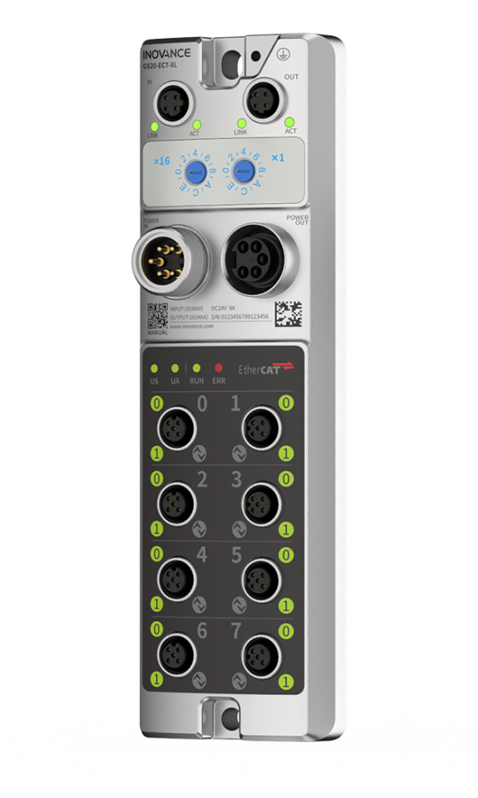 GS20-ECT-8L is an IP67 IO-Link master module that transfers EtherCAT communication to IO-Link communication. The module has eight IO-Link ports and can connect up to eight IO-Link devices (Class A).