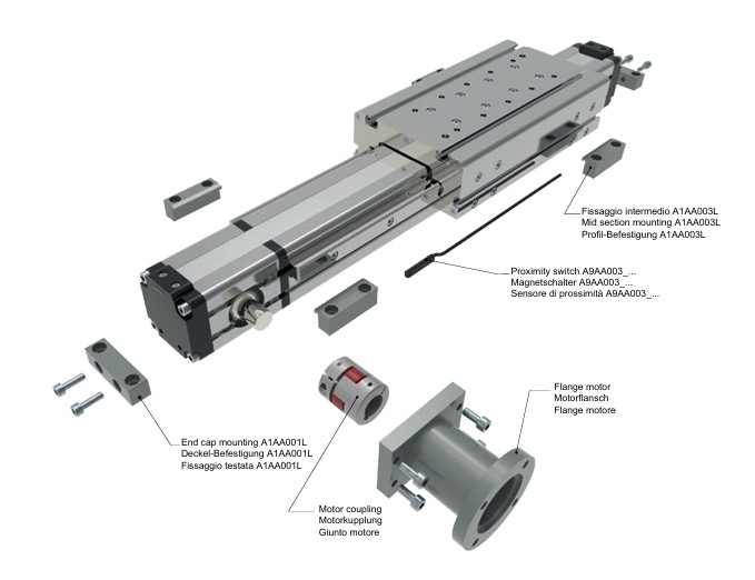 Tooth belt linear actuator aluminum profile size 55x55 Total stroke 1800 mm, 2 ext. LM Guide size 15 4 blocks/carriage, with permanent lubrication Tooth belt AT5/16, HFE high flexible steel CABLE, with green textile (PAZ) Male shaft Ø16 right side