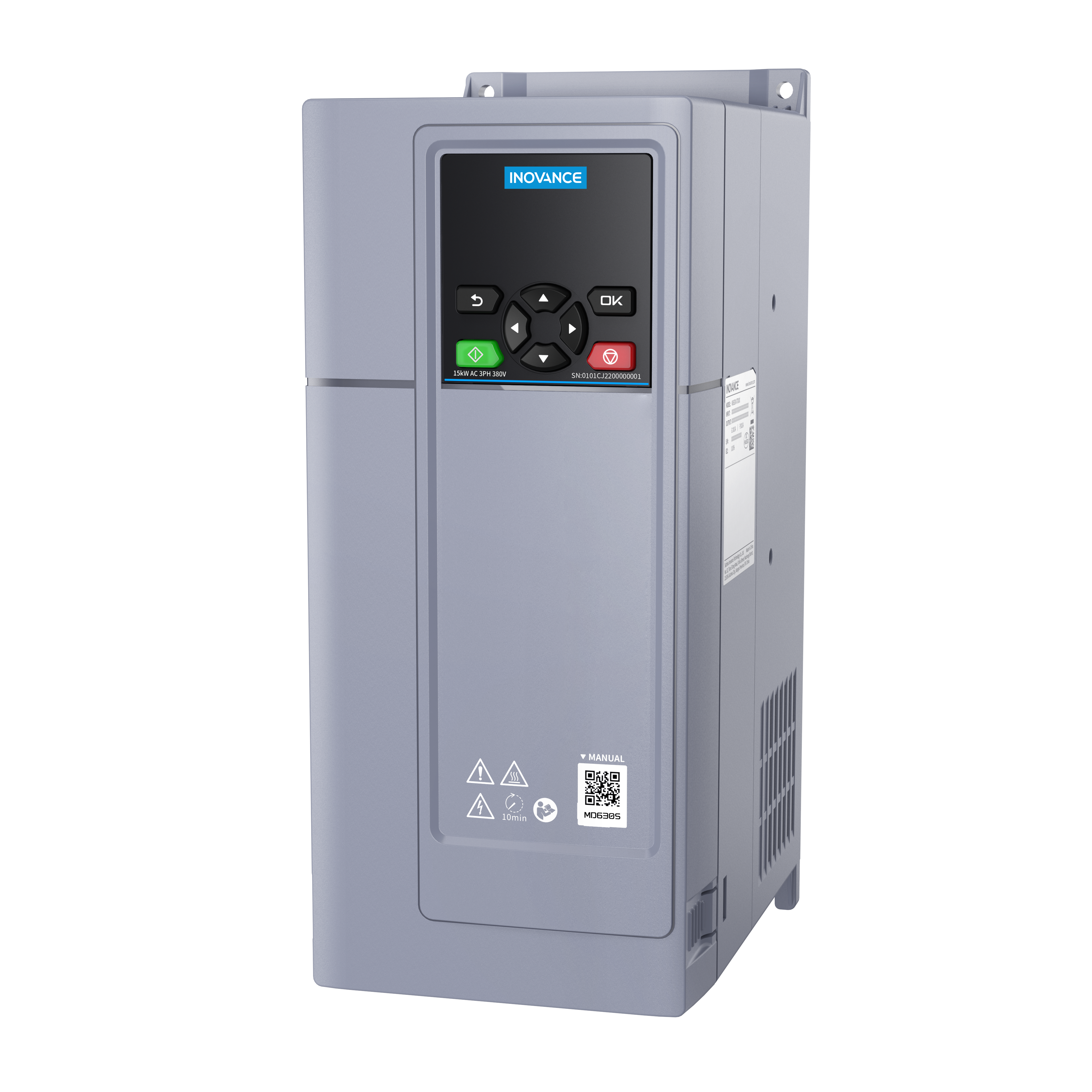 MD630 AC inverter. 400V.HD:32.0A/15.0Kw.  ND 37.0A/18.5Kw. IP20. C3 Filter built-in. STO. Dims: W125 x H303 x D186