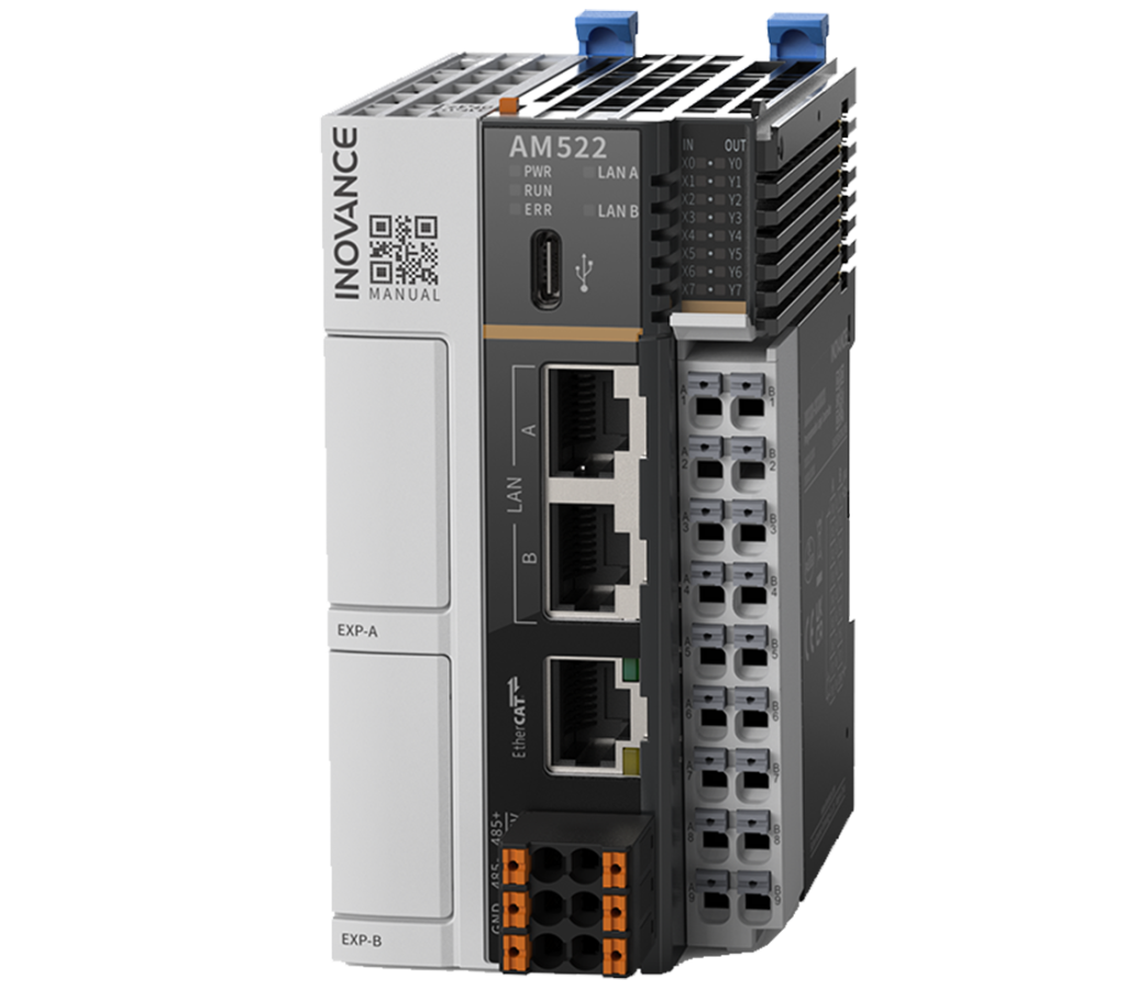 AM500 PLC with Codesys. EtherCAT master 16 axis motion.,Digital I/O 8in/8out PNP/PNP, EtherNET/IP Modbus TCP, RS485. USB-C PC connectivity. Addition expansion with GE20 and GL20 modules. (1440475)