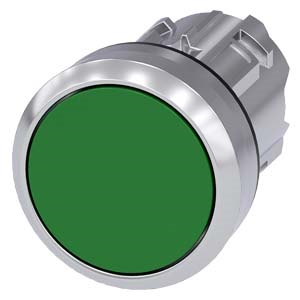 Pushbutton. 22 mm. round. metal. shiny. green. pushbutton. flat momentary contact type