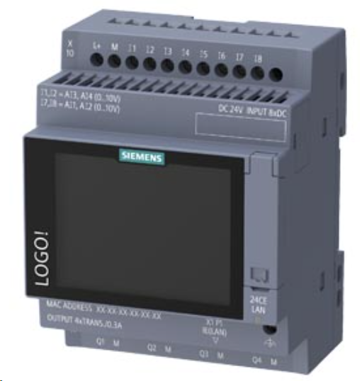 LOGO! 24CE, logic module, display power supply / I/O: 24 V/24 V/24 V trans., 8 DI (4 AI)/4 DO, memory 800 blocks, modularly expandable, Ethernet integrated web server, data log, user-defined web pages, standard microSD card for LOGO! Soft Comfort V9.0 or