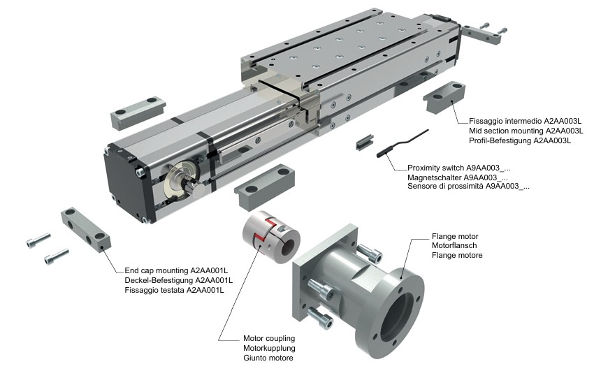 MTS80 Tooth belt linear actuator aluminum profile size 80x80 Total stroke 2800 mm, 2 ext. LM Guide size 20 4 blocks/carriage, with permanent lubrication Tooth belt AT5/25, HFE high flexible steel CABLE, with green textile (PAZ), Left shaft Ø19.
