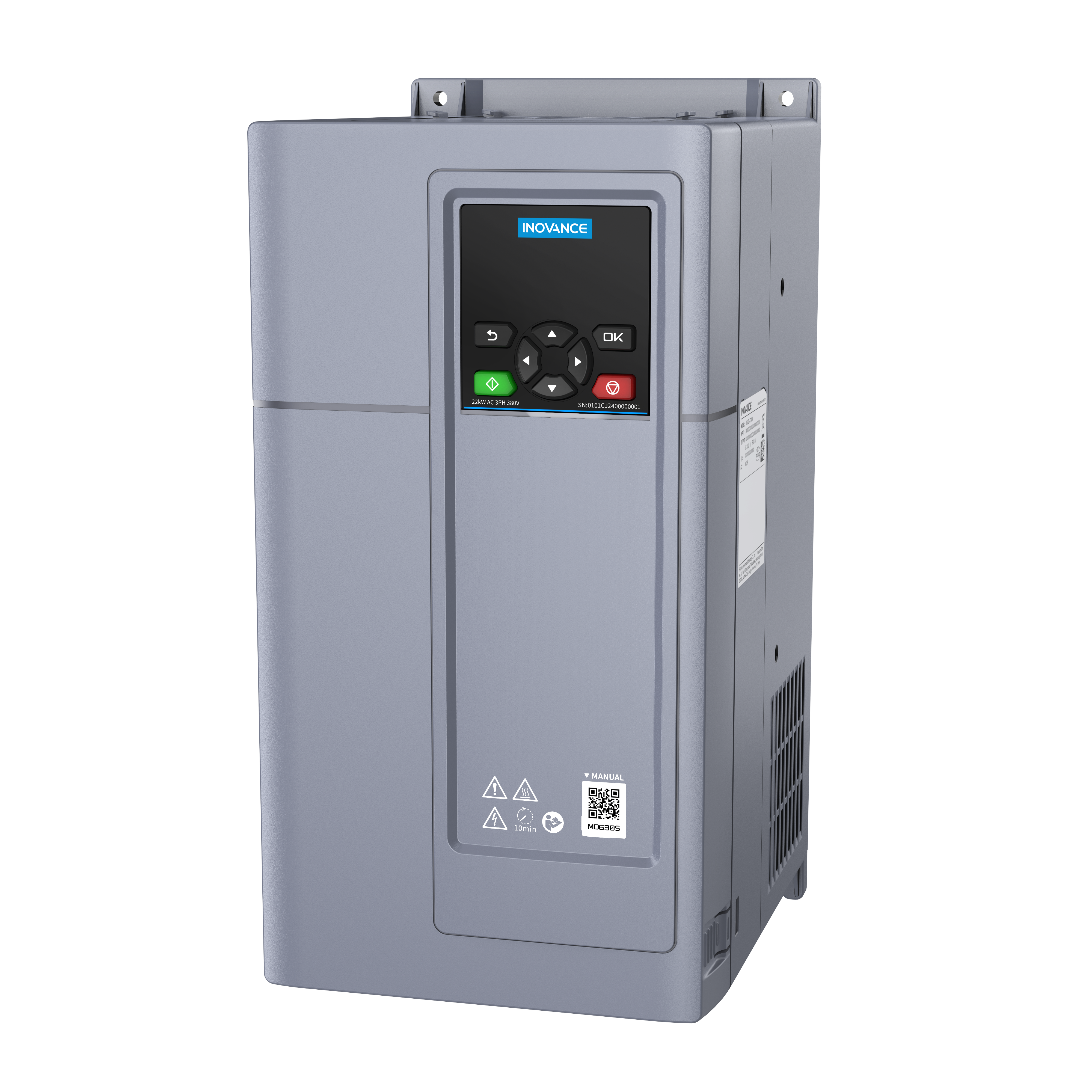 MD630 AC inverter. 400V. HD:37.0A/18.5Kw.  ND 45.0A/22.0Kw. IP20. C3 Filter built-in. STO. Dims: W165 x H330 x D200