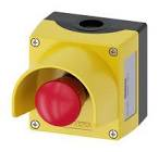 Enclosure for command devices, 22 mm, round, Enclosure material plastic, Enclosure top part yellow, with protective collar, 1 control point plastic, A=EMERGENCY STOP mushroom pushbutton red, 40 mm, rotate-to-unlatch, 1 NC, 1 NC, screw terminal, floor mou