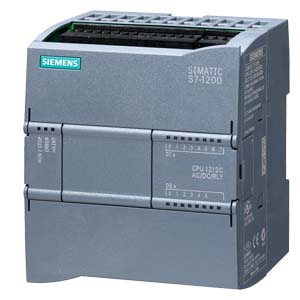 SIMATIC S7-1200, CPU 1212C, compact CPU, AC/DC/relay, onboard I/O: 8 DI 24 V DC; 6 DO relay 2 A; 2 AI 0-10 V DC, power supply: AC 85-264 V AC at 47-63 Hz, program/data memory 100 KB