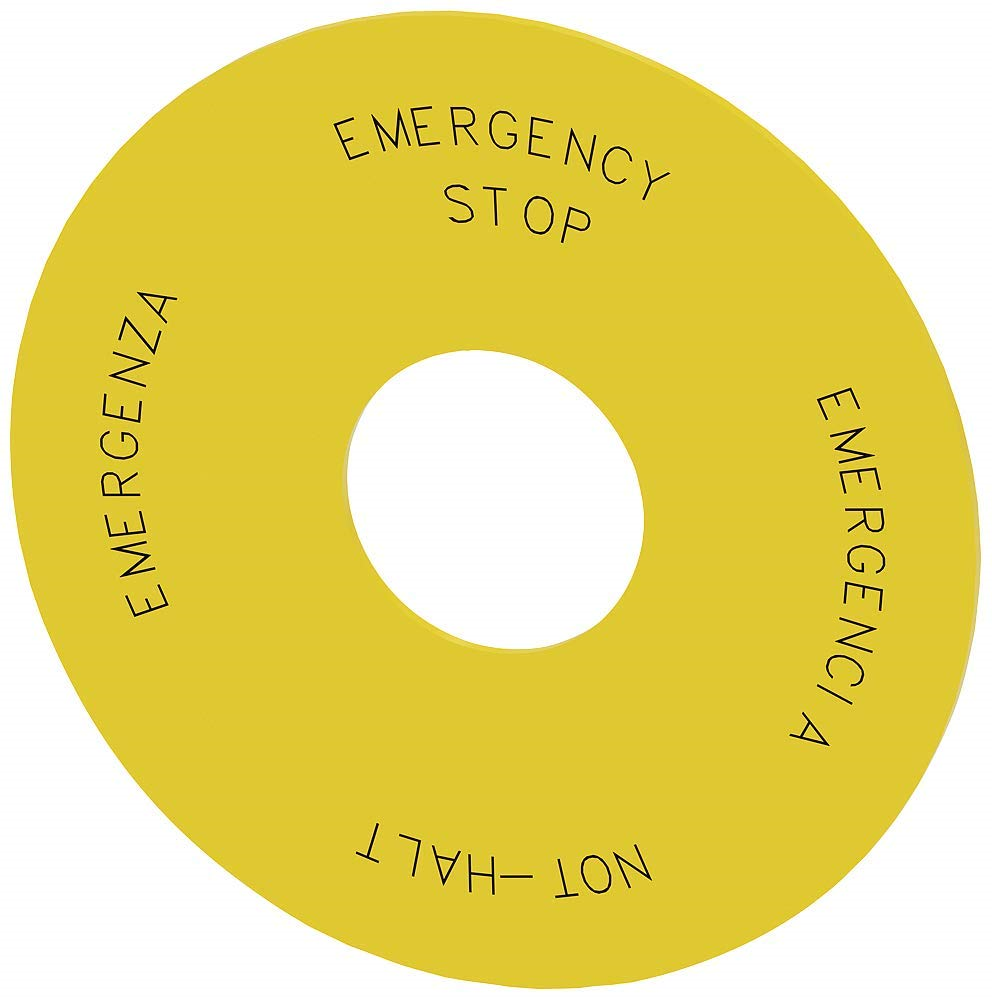 RND BACKING PL. FOR EM. STOP MUSH. PB. YELLOW. SELF-ADHV. EXT DIA 75MM. INTL DIA 23MM.  INSCR: EMERGENCY STOP. 4 LANGUAGES: DE.EN.IT.SP