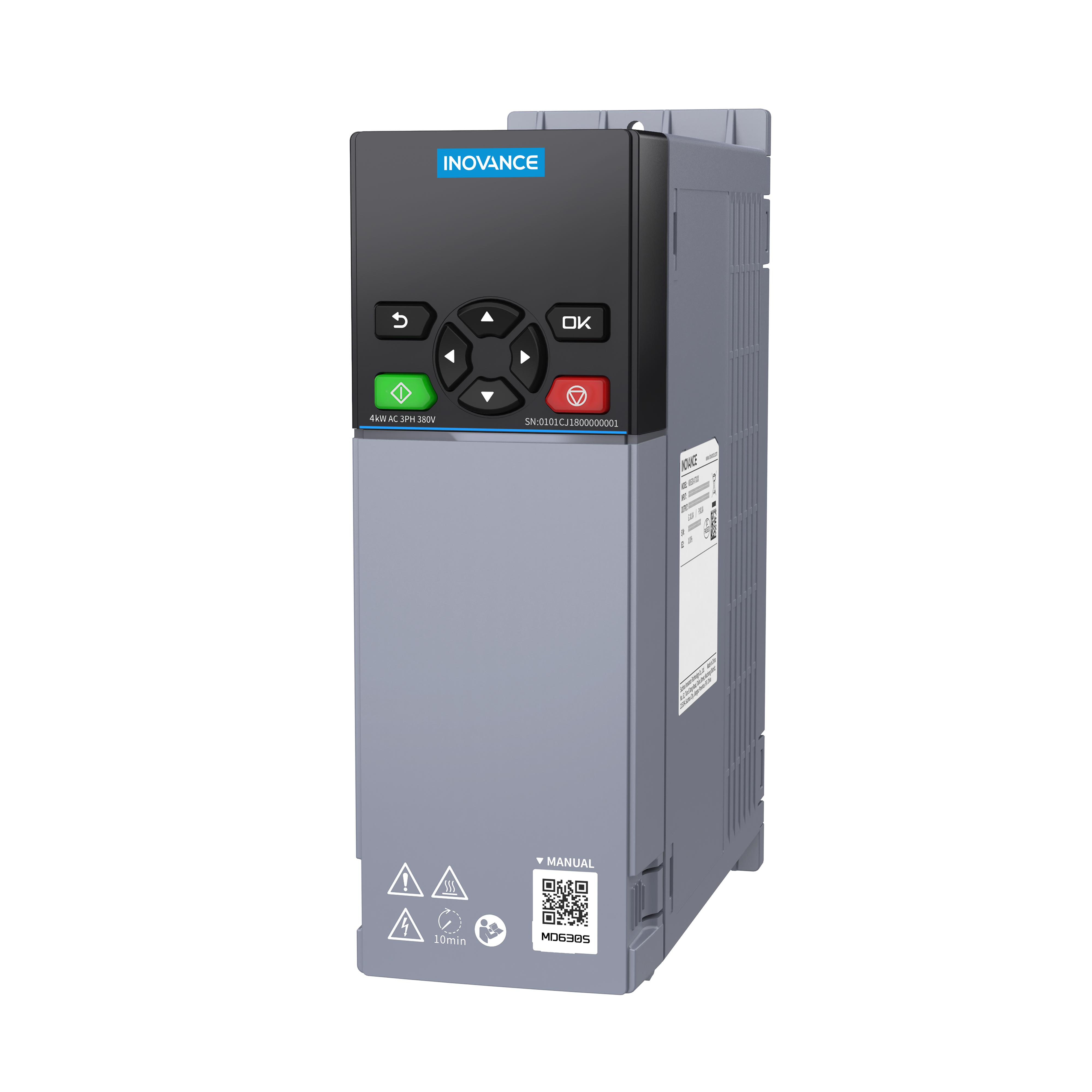 MD630 AC inverter. 400V. HD:9.0A/4.0Kw, ND 13.0A/5.5Kw.IP20. C3 Filter built-in. STO. Dims: H262 x W90 x D190
