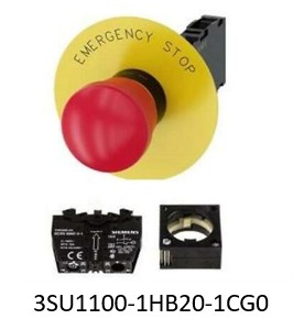 EMERGENCY STOP mushroom pushbutton, 22 mm, round, plastic, red, 40 mm, positive latching, acc. to EN ISO 13850, rotate-to-unlatch, with yellow backing plate, inscription: EMERGENCY STOP, with holder, 1 NC, screw terminal