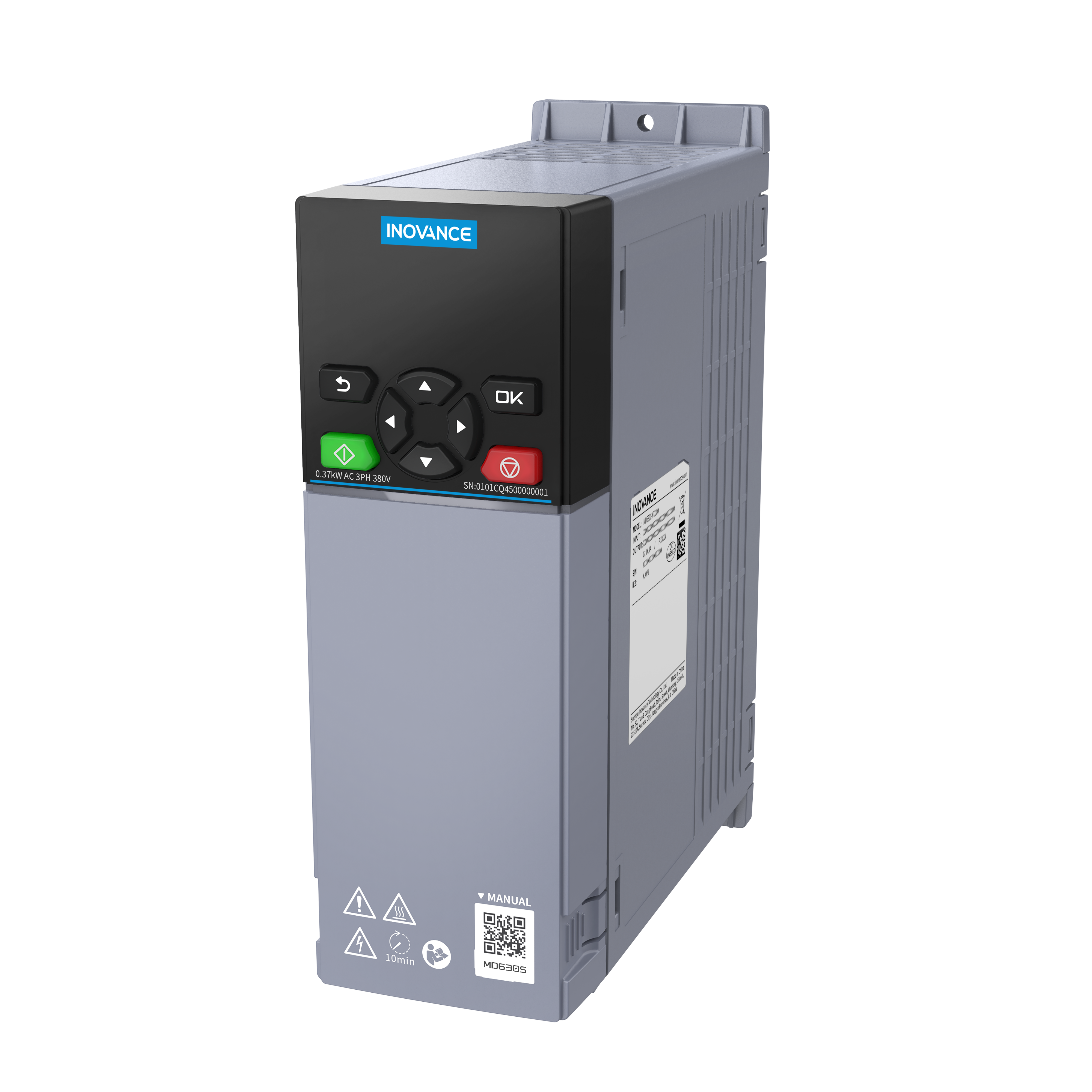 MD630 AC inverter.3ph 400V. HD: 1.5A/0.4w, ND 2.4A/0.75Kw.IP20. C3 Filter built-in. STO. Dims: W70 x H217 x D169.6